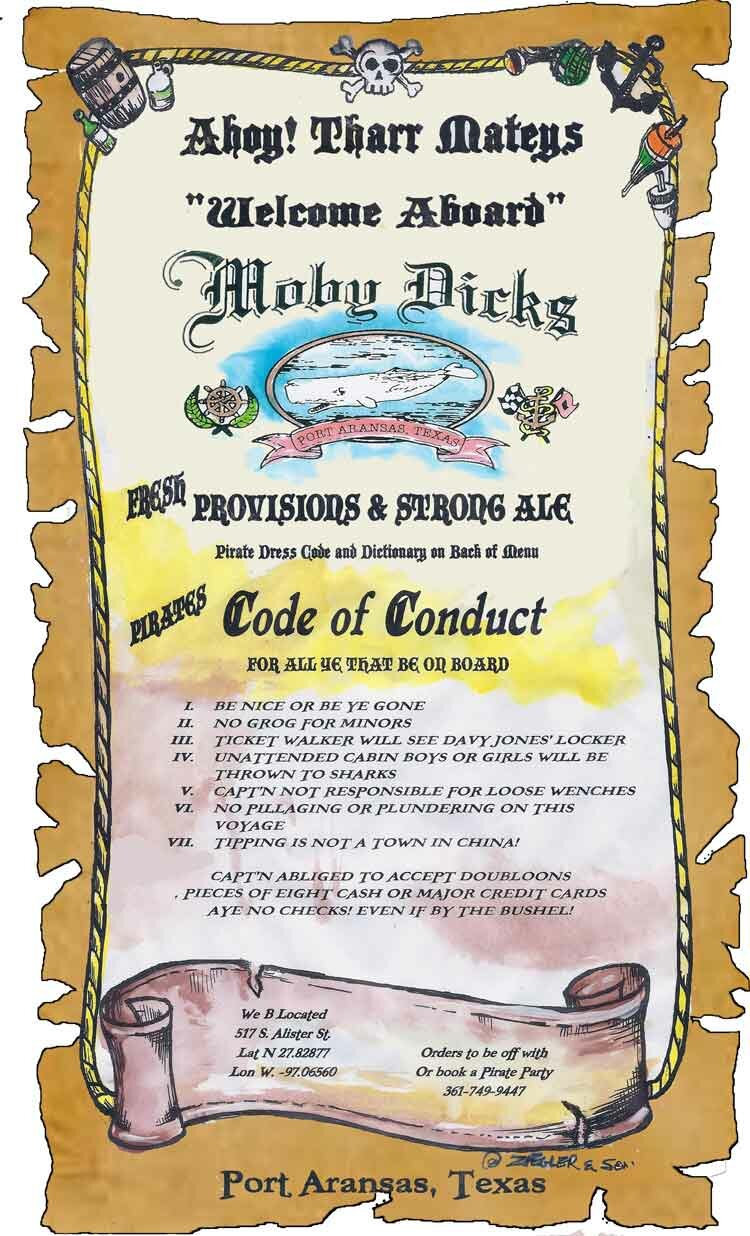 Moby Dick's Restaurant Menu in Port Aransas, Texas.