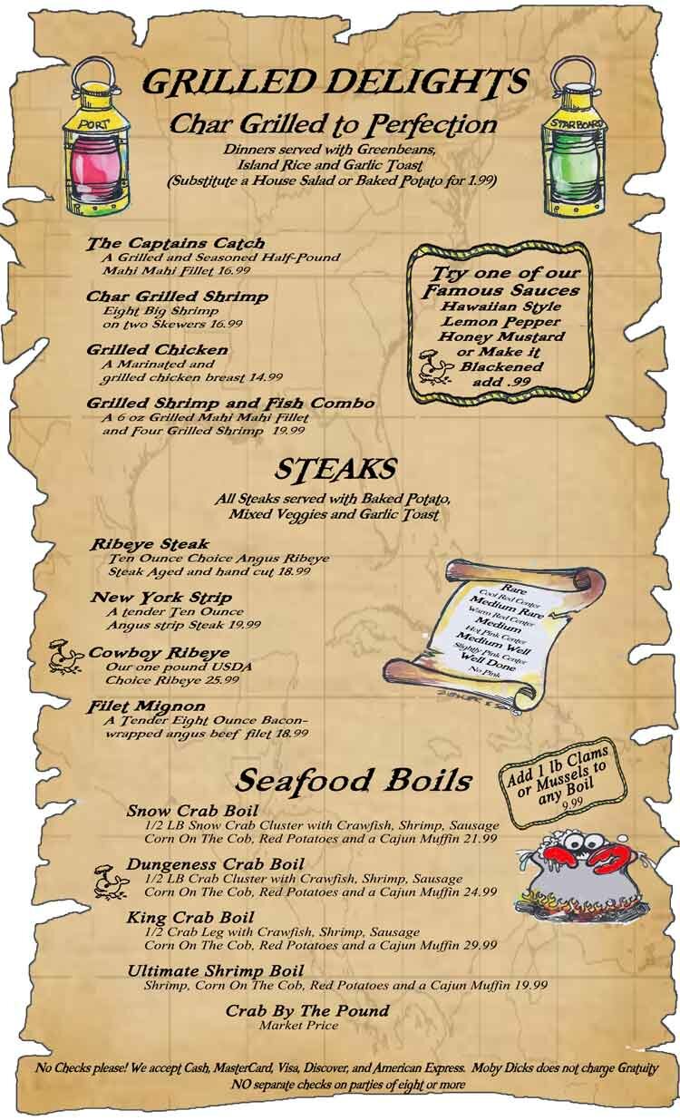 Moby Dick's Restaurant Menu in Port Aransas, Texas.